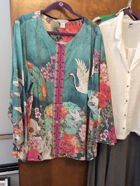 CITRON Floral And Crane Blouse in Coral and Teal